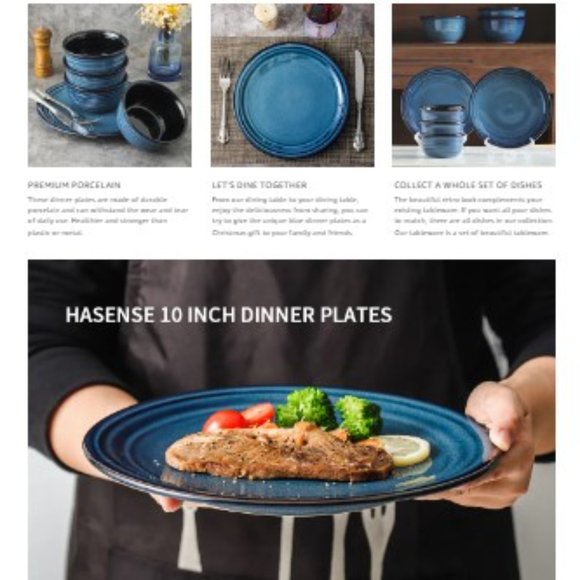 10" Ceramic Dinner Plates - Large Porcelain Dinner Plates - Set of 4 (Blue) - Picture 13 of 13